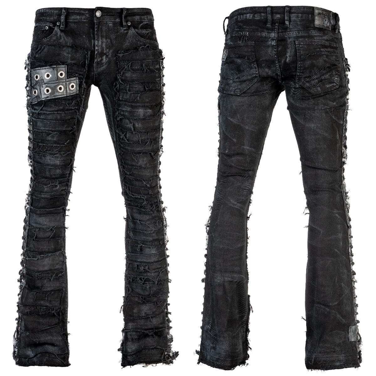 Wornstar Clothing mens custom pants. Handmade custom denim and leather rock pants. Rocker style black stretch denim custom made stage pants.