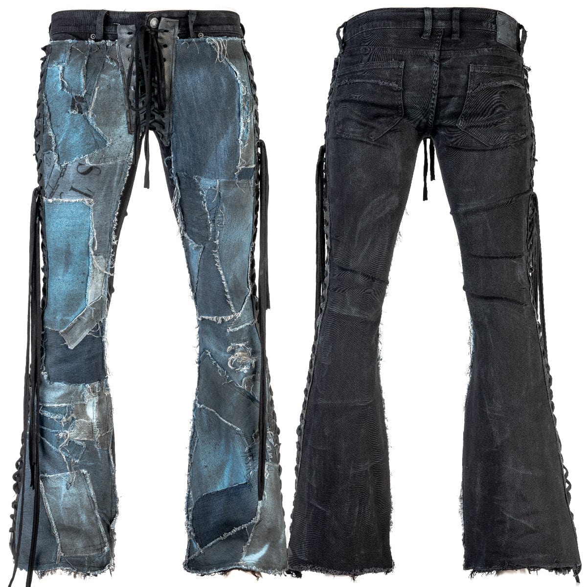 Wornstar Clothing mens custom pants. Handmade custom denim and leather rock pants. Rocker style black stretch denim custom made stage pants.