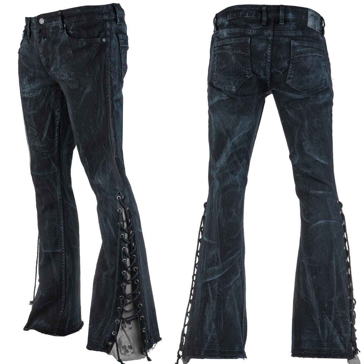 Wornstar Clothing mens custom pants. Handmade custom denim and leather rock pants. Rocker style black stretch denim custom made stage pants.