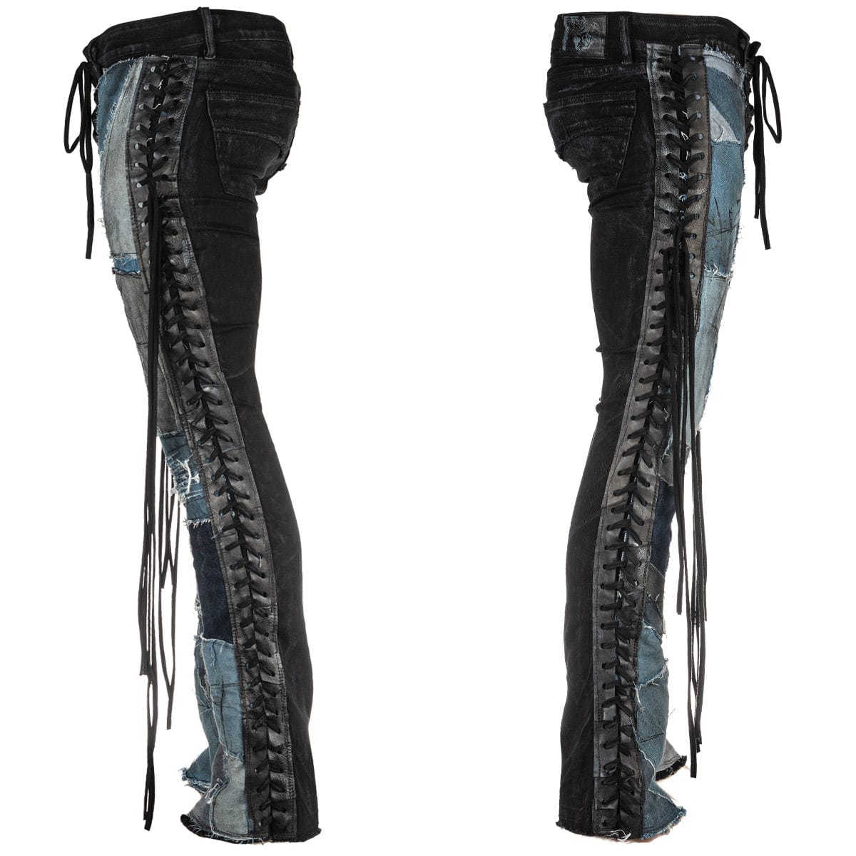 Wornstar Clothing mens custom pants. Handmade custom denim and leather rock pants. Rocker style black stretch denim custom made stage pants.