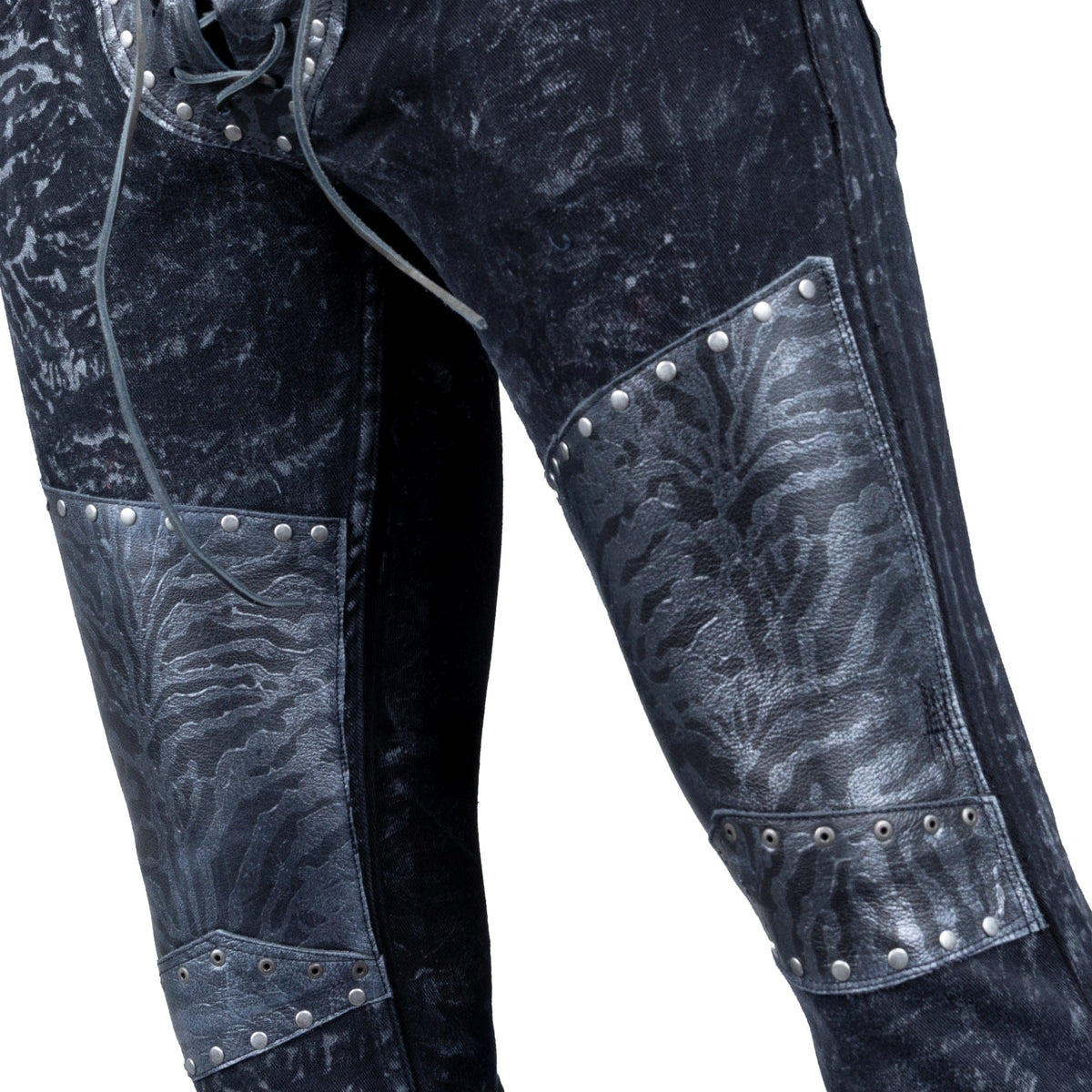 Custom Chop Shop Pants Wornstar Custom Jeans - Zebra Stripes with Leather Patchwork - Ready to Ship - Size 32x34