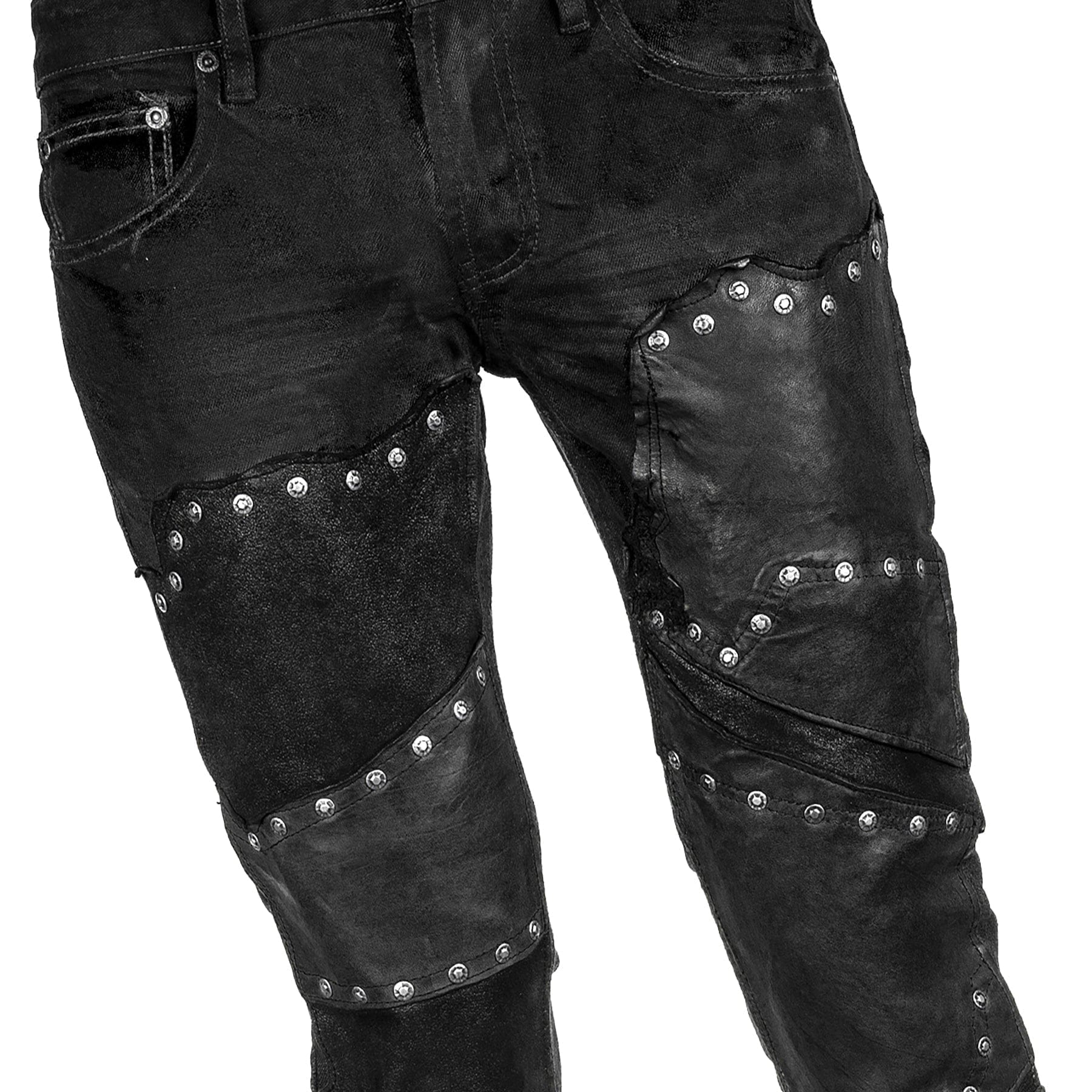 Wornstar Clothing mens custom pants. Handmade custom denim and leather rock pants. Rocker style black stretch denim custom made stage pants.