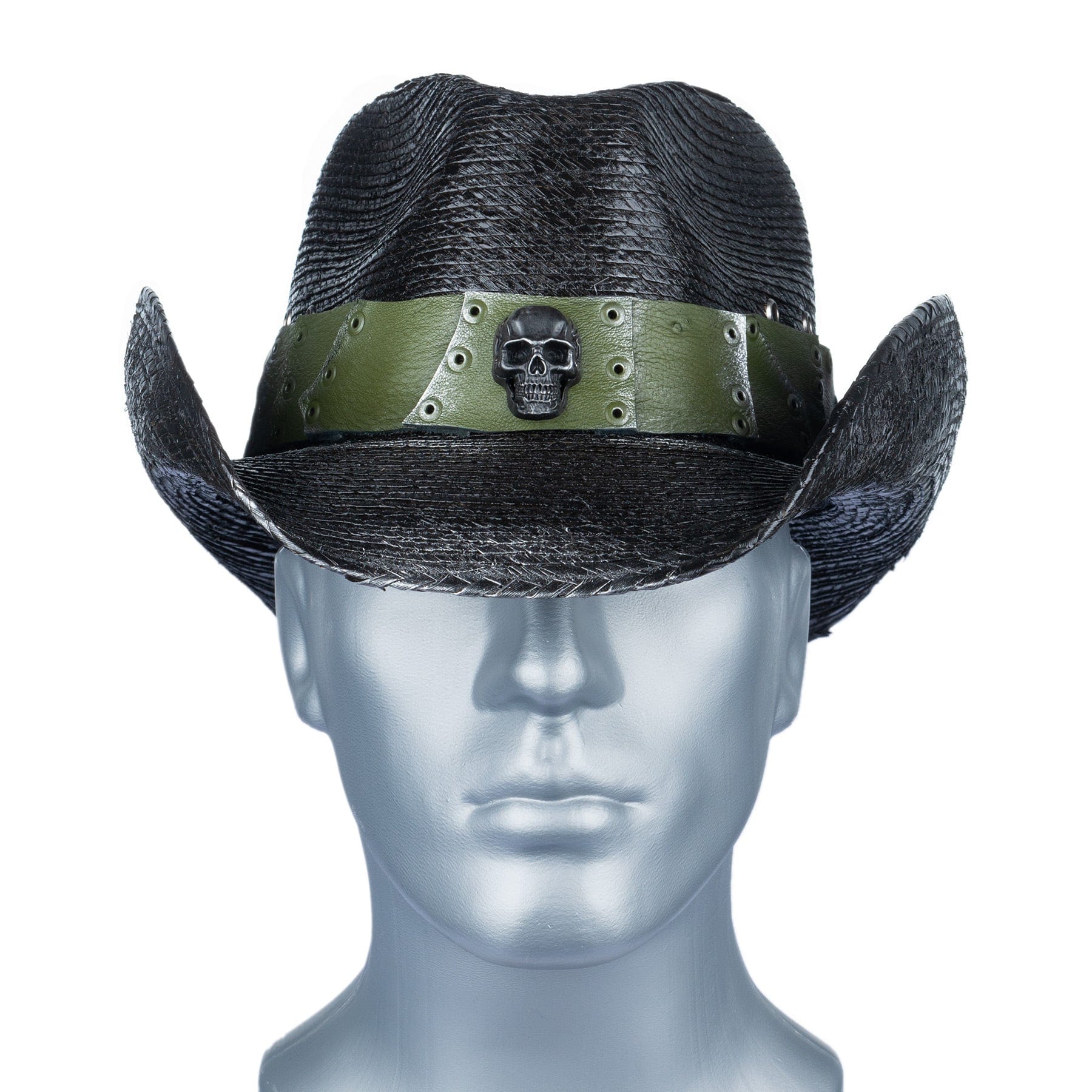 Custom Chop Shop Accessory Wornstar Custom Rocker Hat - Olive Green Leather Hat Band with Skull
