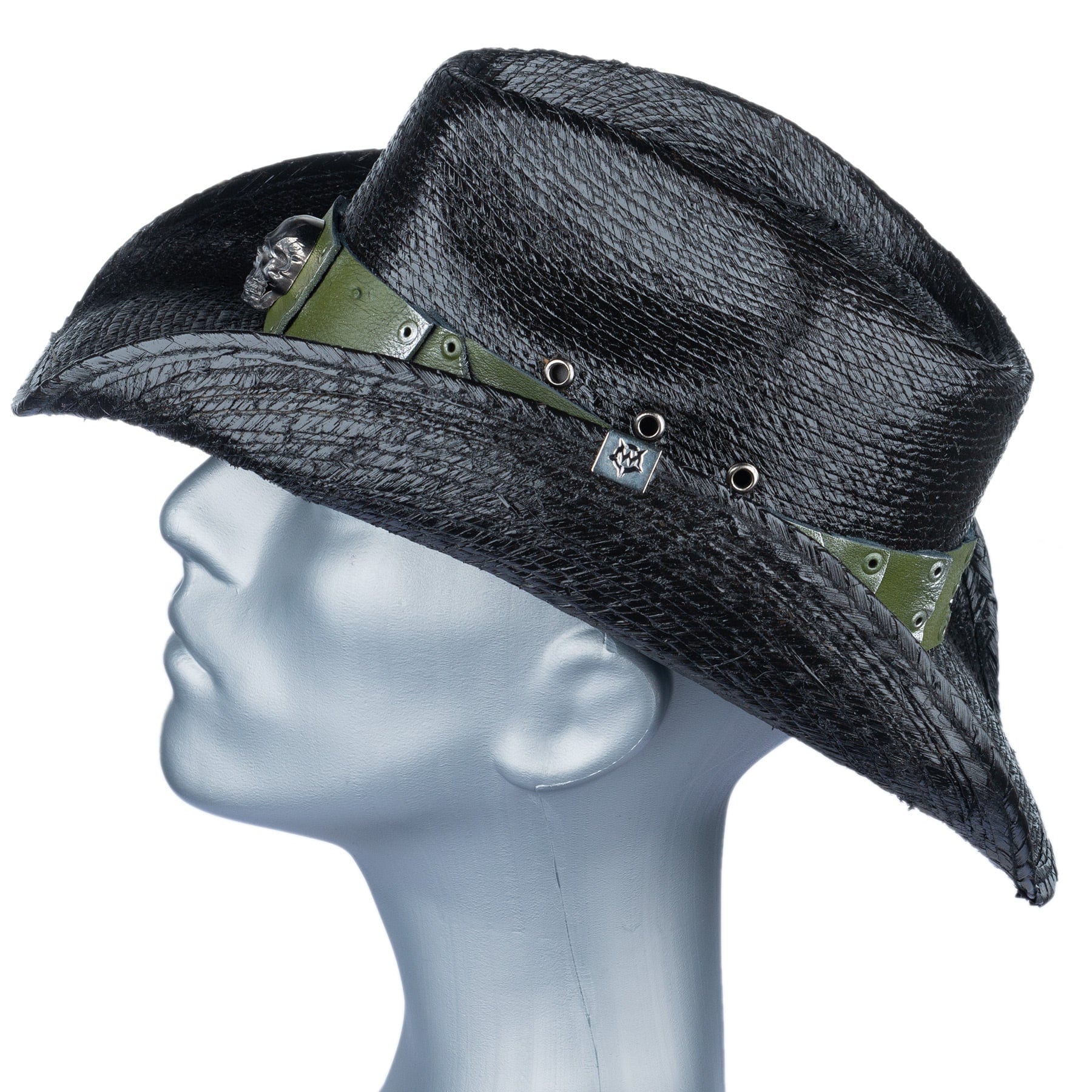 Custom Chop Shop Accessory Wornstar Custom Rocker Hat - Olive Green Leather Hat Band with Skull