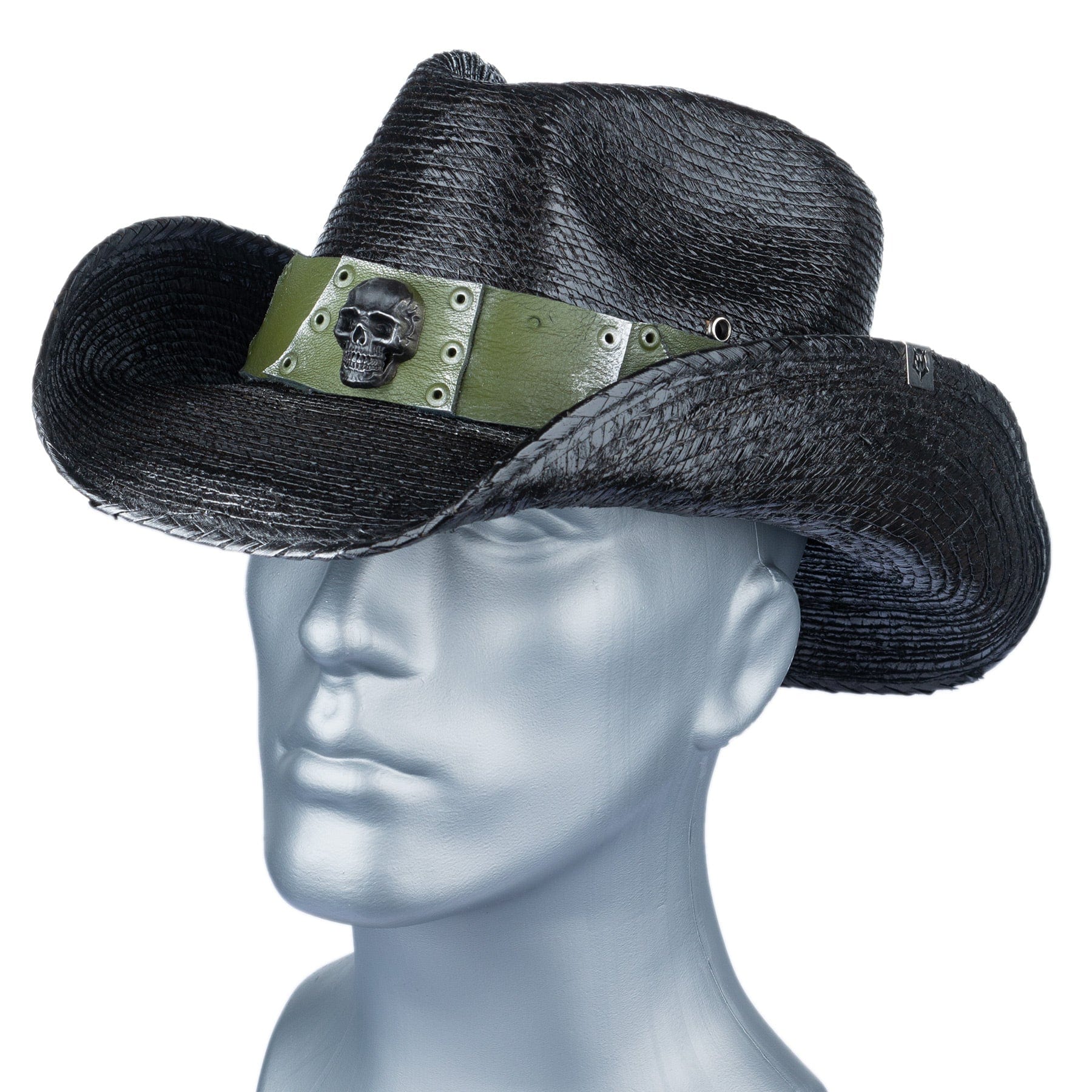 Custom Chop Shop Accessory Wornstar Custom Rocker Hat - Olive Green Leather Hat Band with Skull