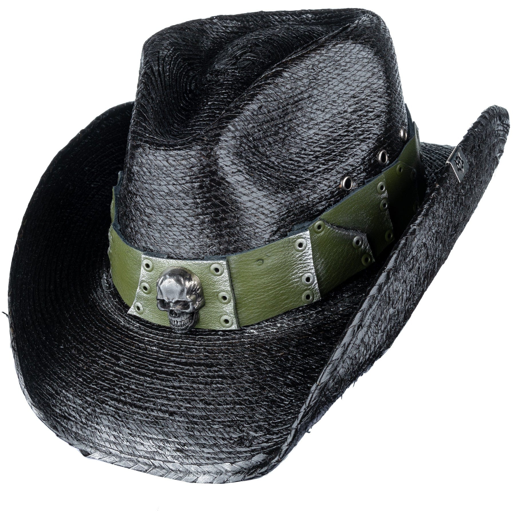 Custom Chop Shop Accessory Wornstar Custom Rocker Hat - Olive Green Leather Hat Band with Skull