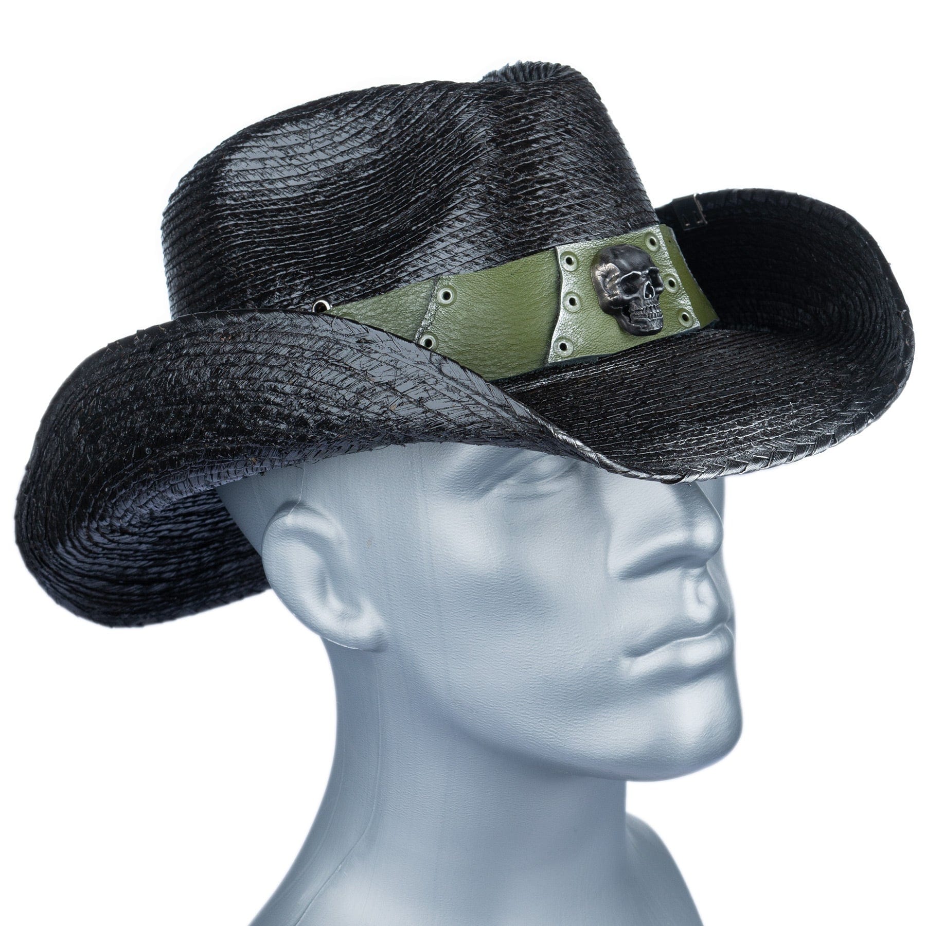 Custom Chop Shop Accessory Wornstar Custom Rocker Hat - Olive Green Leather Hat Band with Skull