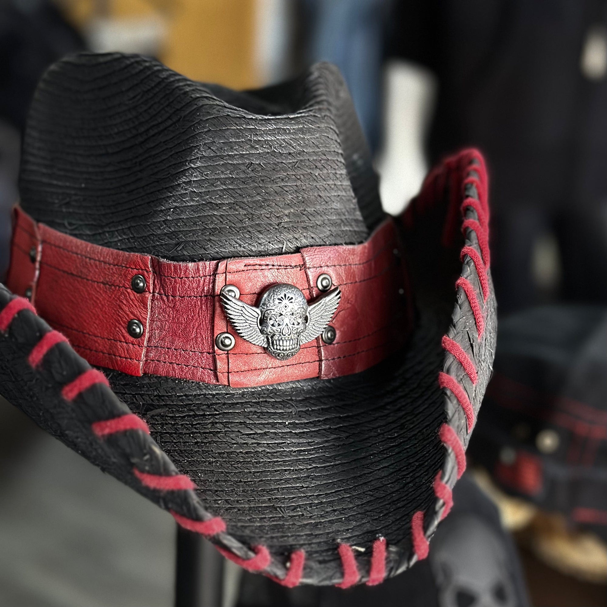 Custom Chop Shop Accessory Wornstar Custom Rocker Hat - Red Hat Band Red Stitching - Ready to ship