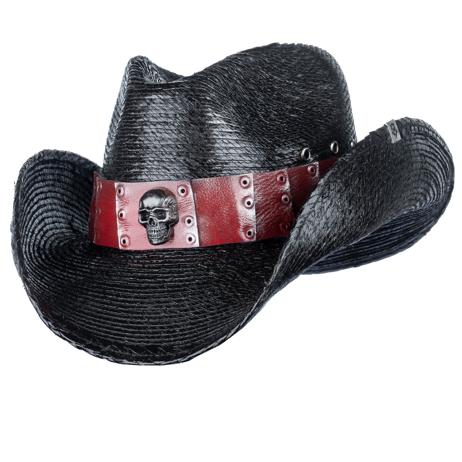 Custom Chop Shop Accessory Wornstar Custom Rocker Hat - Red Leather Hat Band with Skull