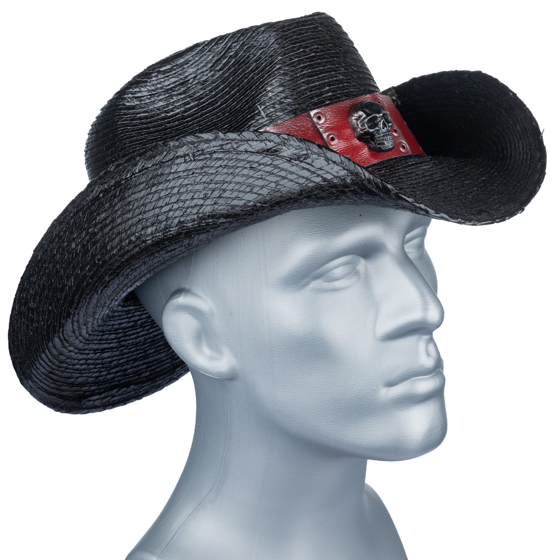 Custom Chop Shop Accessory Wornstar Custom Rocker Hat - Red Leather Hat Band with Skull