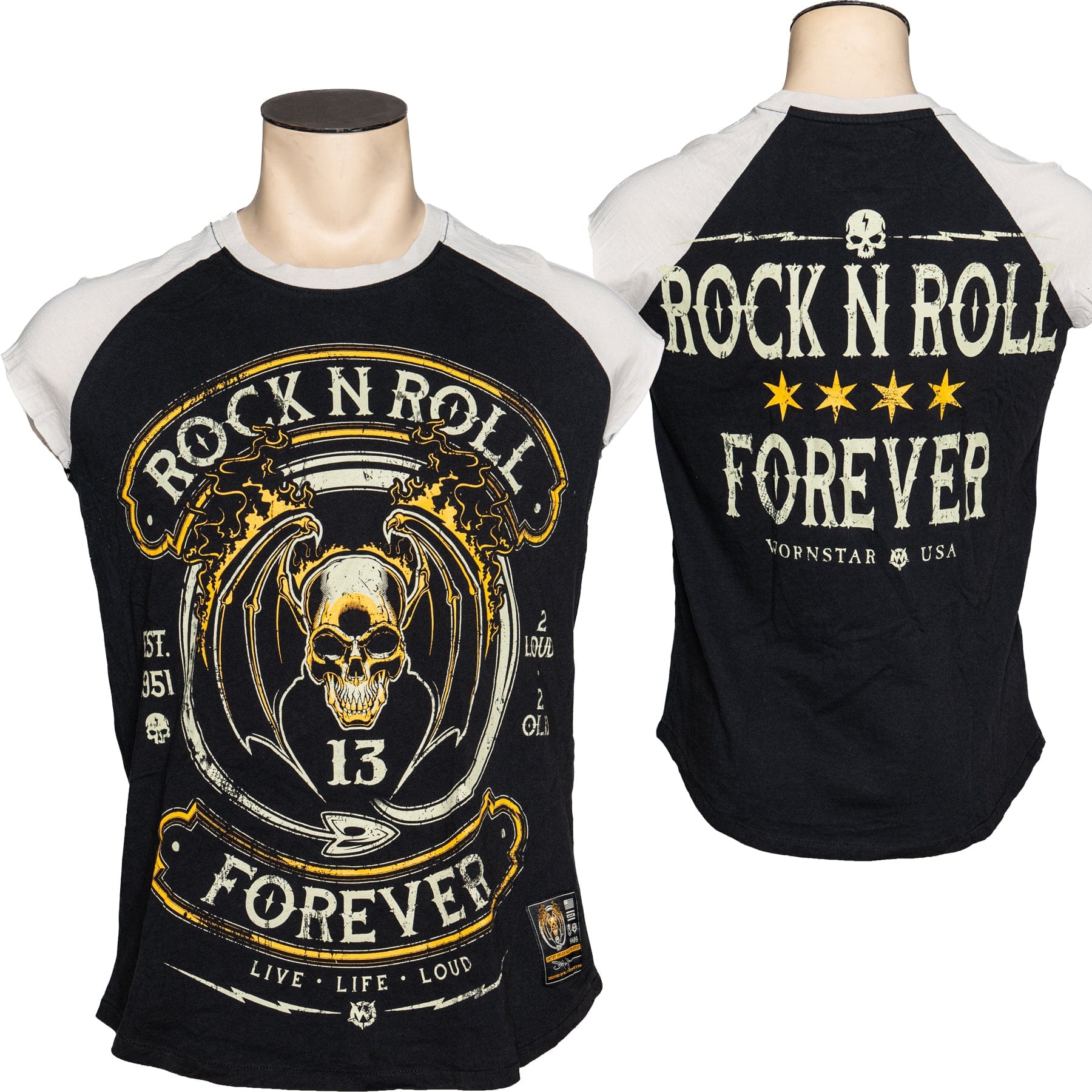 Custom Chop Shop T-Shirt Small Wornstar Custom - Sleeveless Cut Tee - Rock n Roll Forever Raglan Style - Ready to Ship