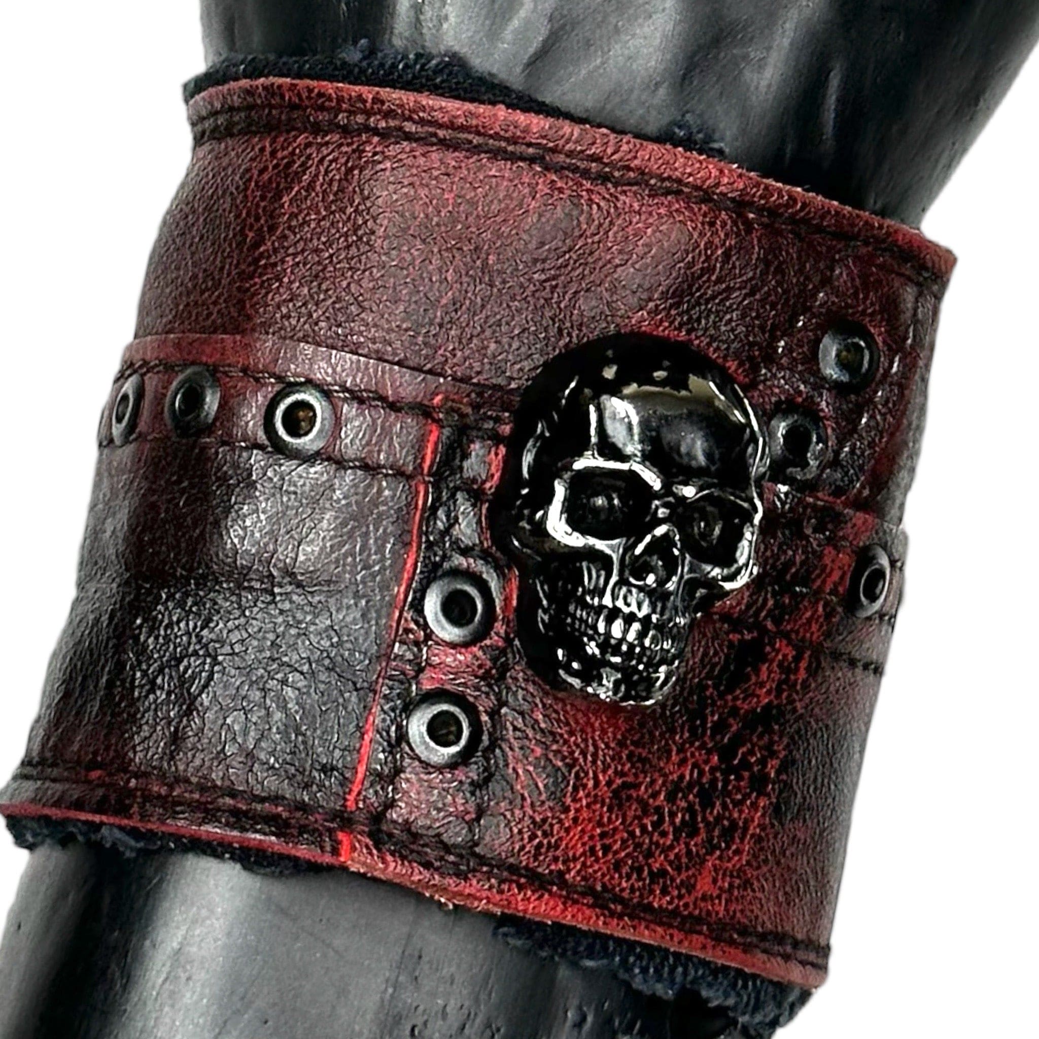 Wornstar Custom - Wristband Leather Bracelet - Red Leather with Skull