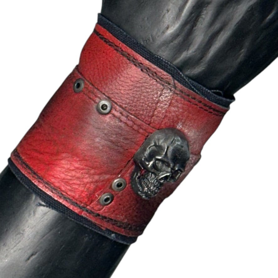 Chop Shop Accessory Wornstar Custom - Wristband Leather Cuff - Studded Red Patchwork - Black Skull
