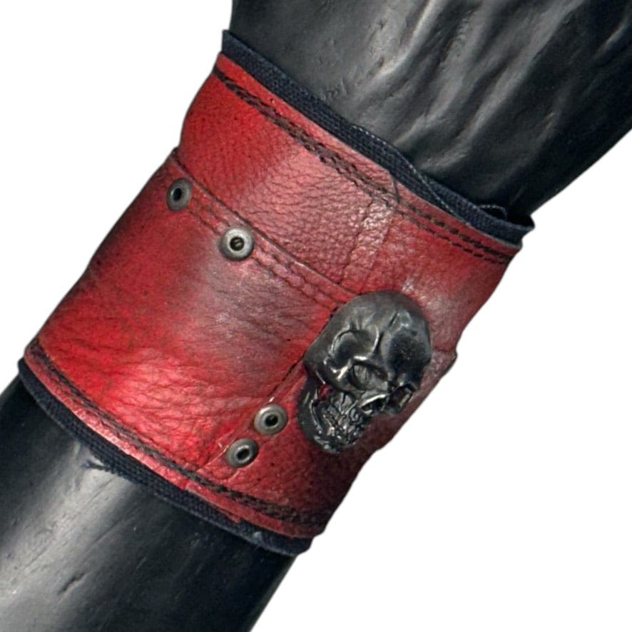 Custom Chop Shop Accessory Wornstar Custom - Wristband Leather Cuff - Studded Red Patchwork - Black Skull