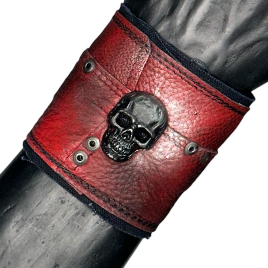 Custom Chop Shop Accessory Wornstar Custom - Wristband Leather Cuff - Studded Red Patchwork - Black Skull