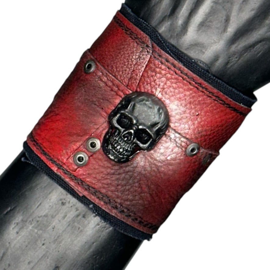 Chop Shop Accessory Wornstar Custom - Wristband Leather Cuff - Studded Red Patchwork - Black Skull