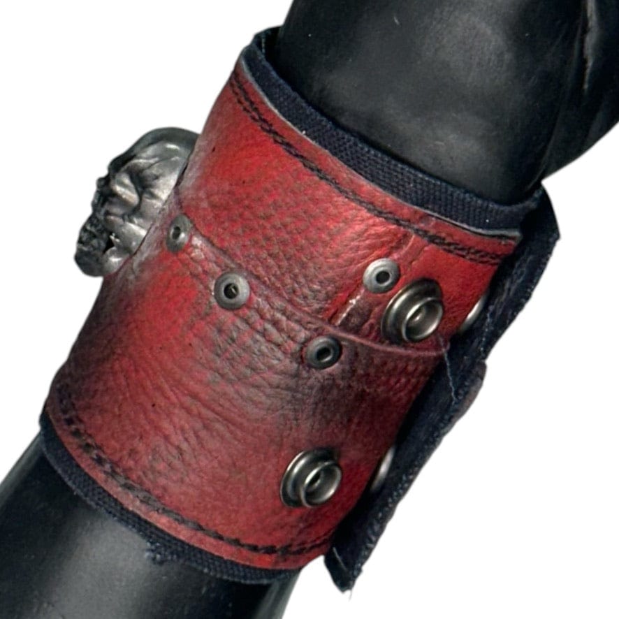 Chop Shop Accessory Wornstar Custom - Wristband Leather Cuff - Studded Red Patchwork - Black Skull