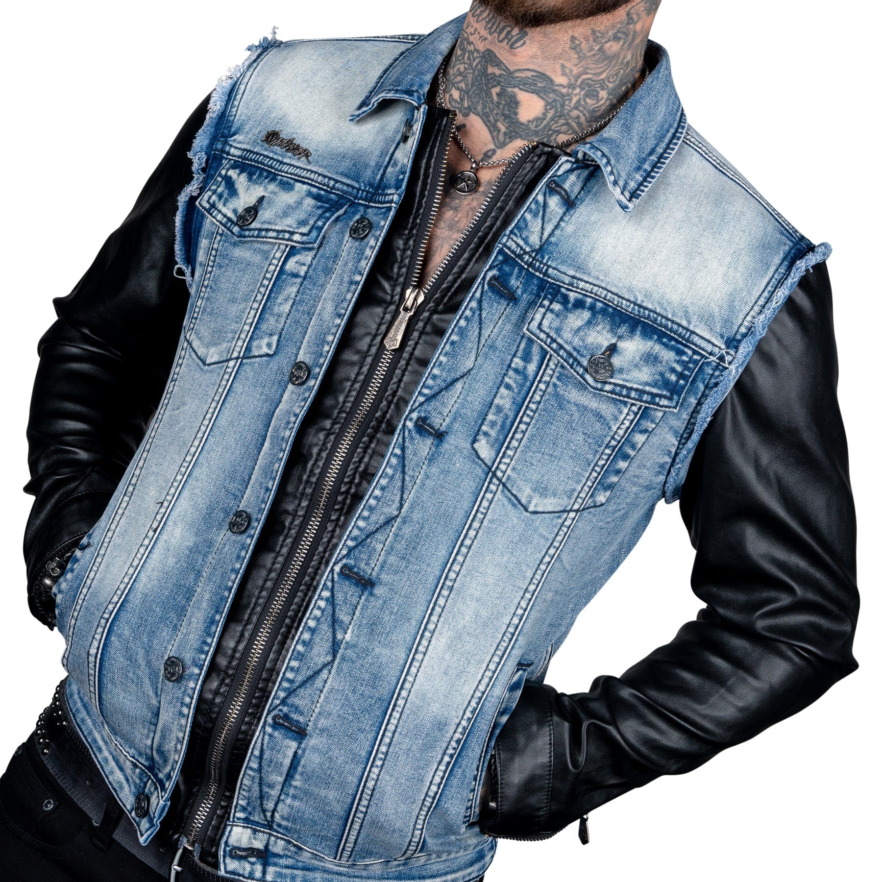 Denim jacket with leather sleeves | simplystudded