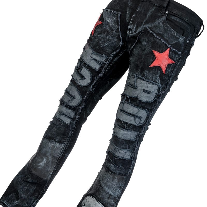Wornstar Clothing mens custom pants. Handmade custom denim and leather rock pants. Rocker style black stretch denim custom made stage pants.