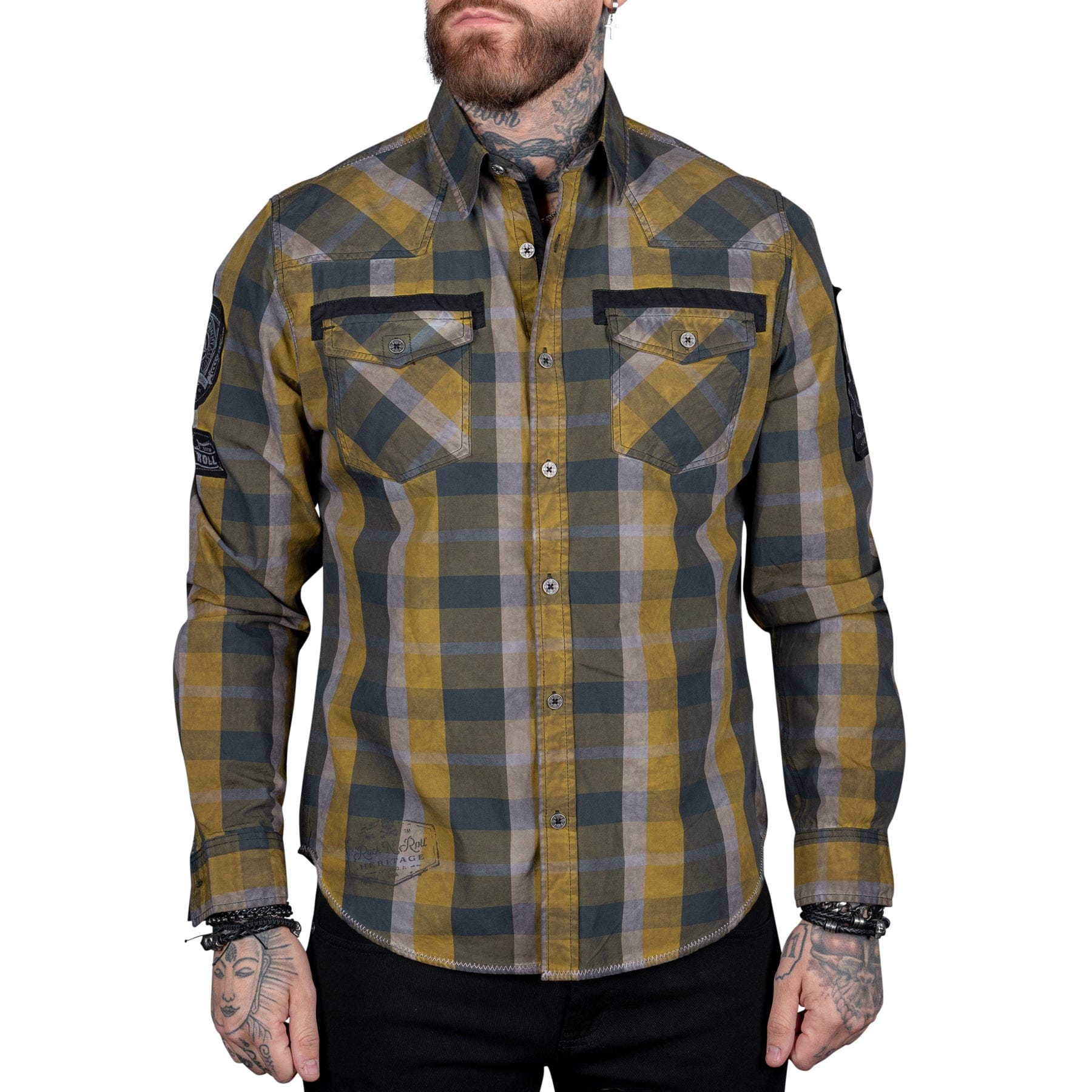 Wornstar Clothing Mens Long Sleeve Shirt. Amarillo Button Down Plaid Shirt.