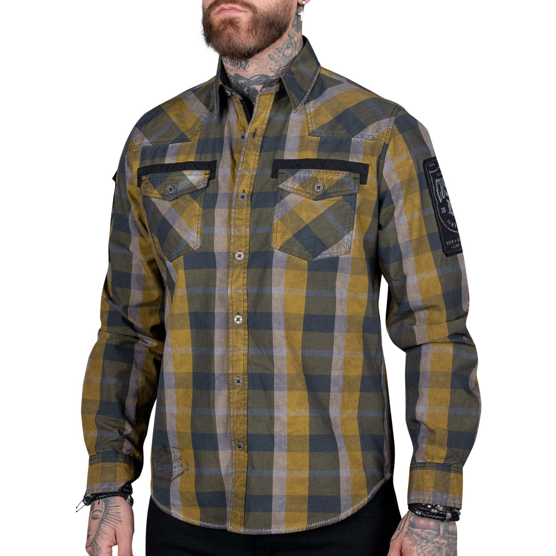 Wornstar Clothing Mens Long Sleeve Shirt. Amarillo Button Down Plaid Shirt.