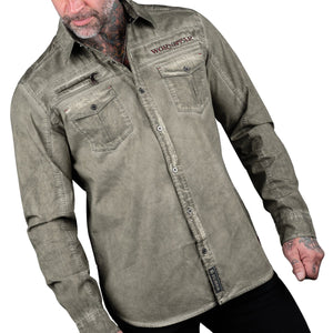 Rocknrolla Collection Button Down Seek And Destroy Shirt - Olive