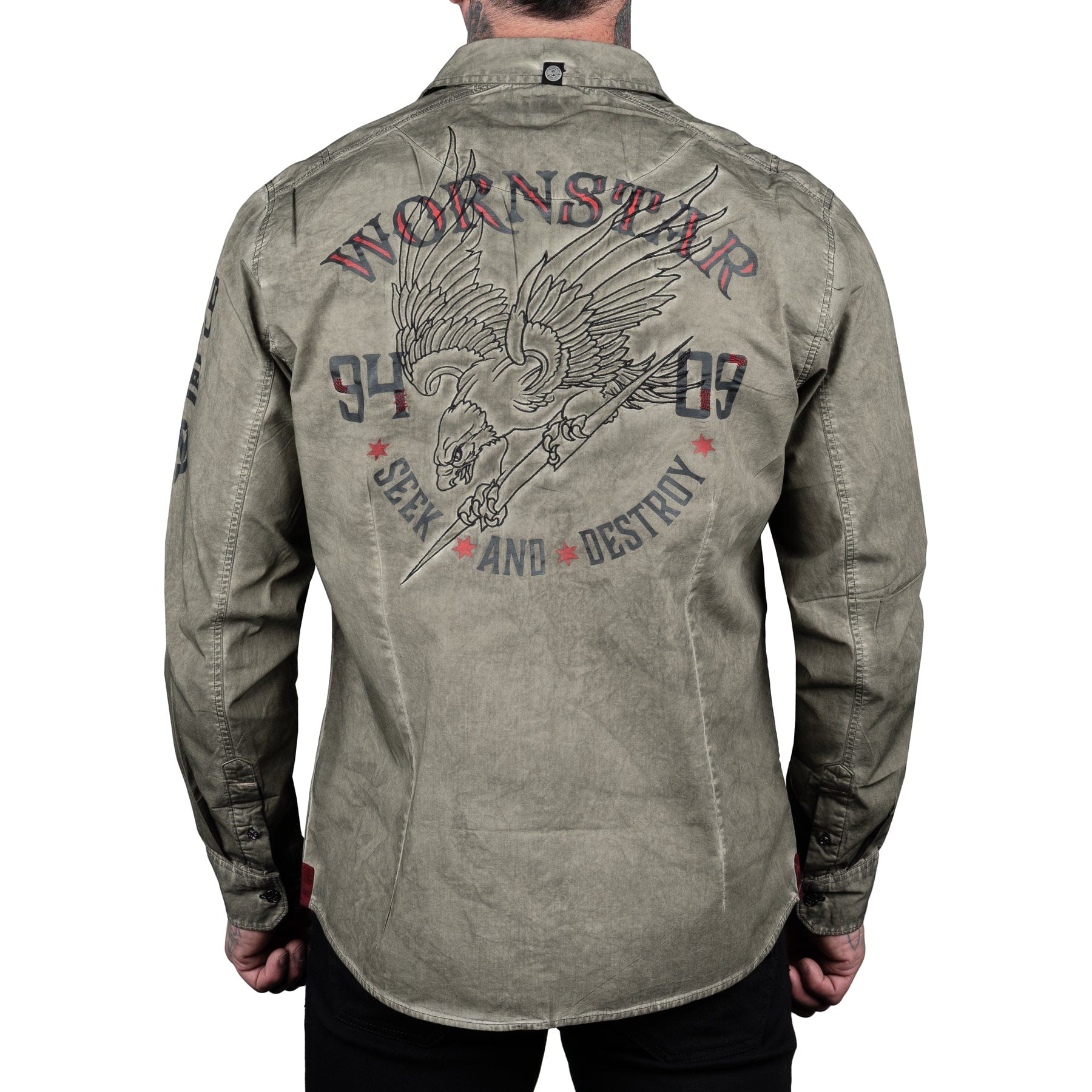 Rocknrolla Collection Button Down Seek And Destroy Shirt - Olive