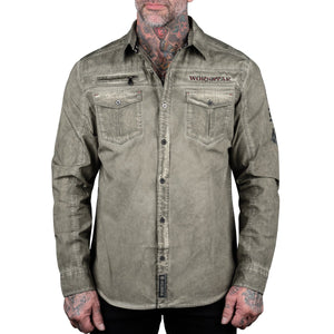 Rocknrolla Collection Button Down Seek And Destroy Shirt - Olive
