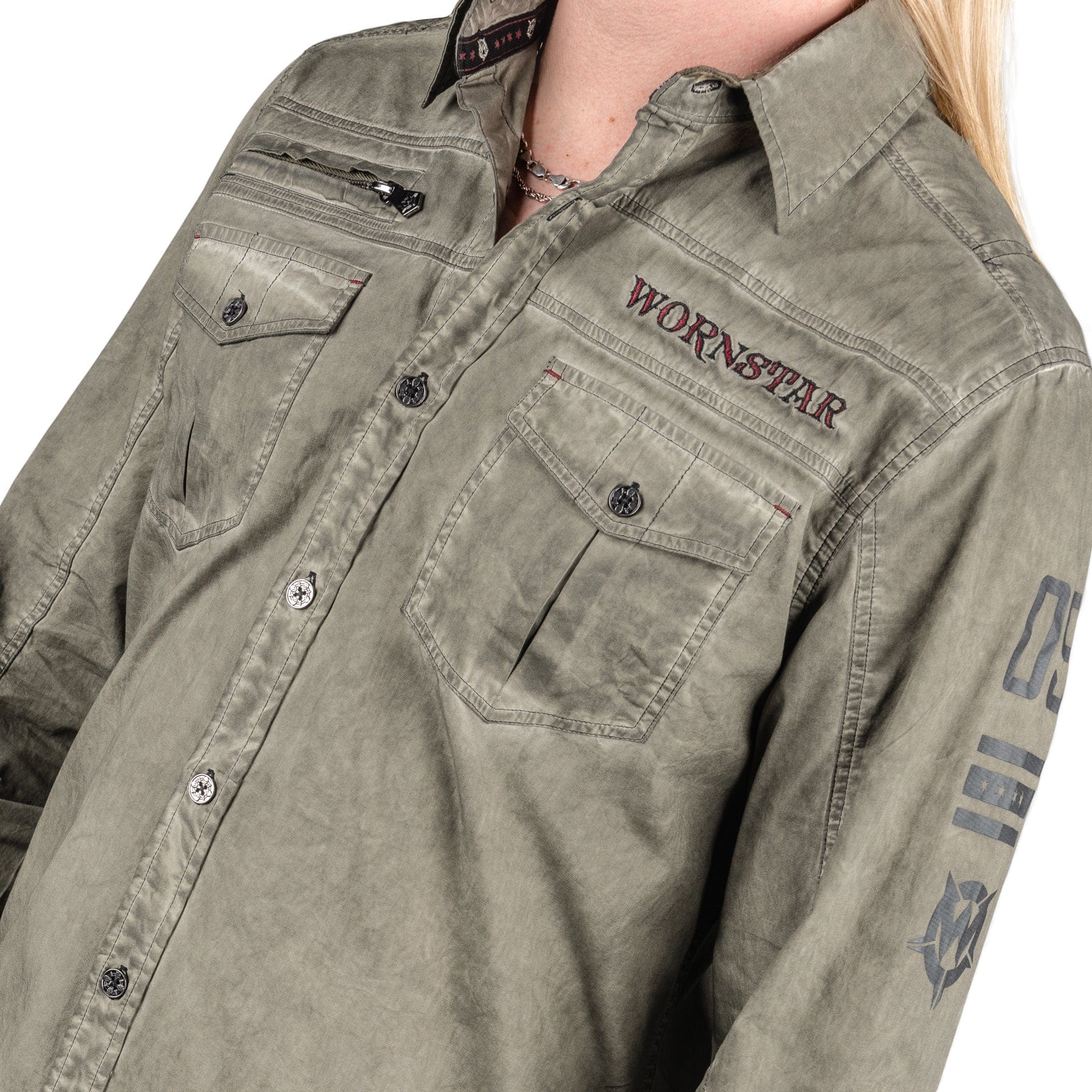 Rocknrolla Collection Button Down Seek And Destroy Shirt - Olive
